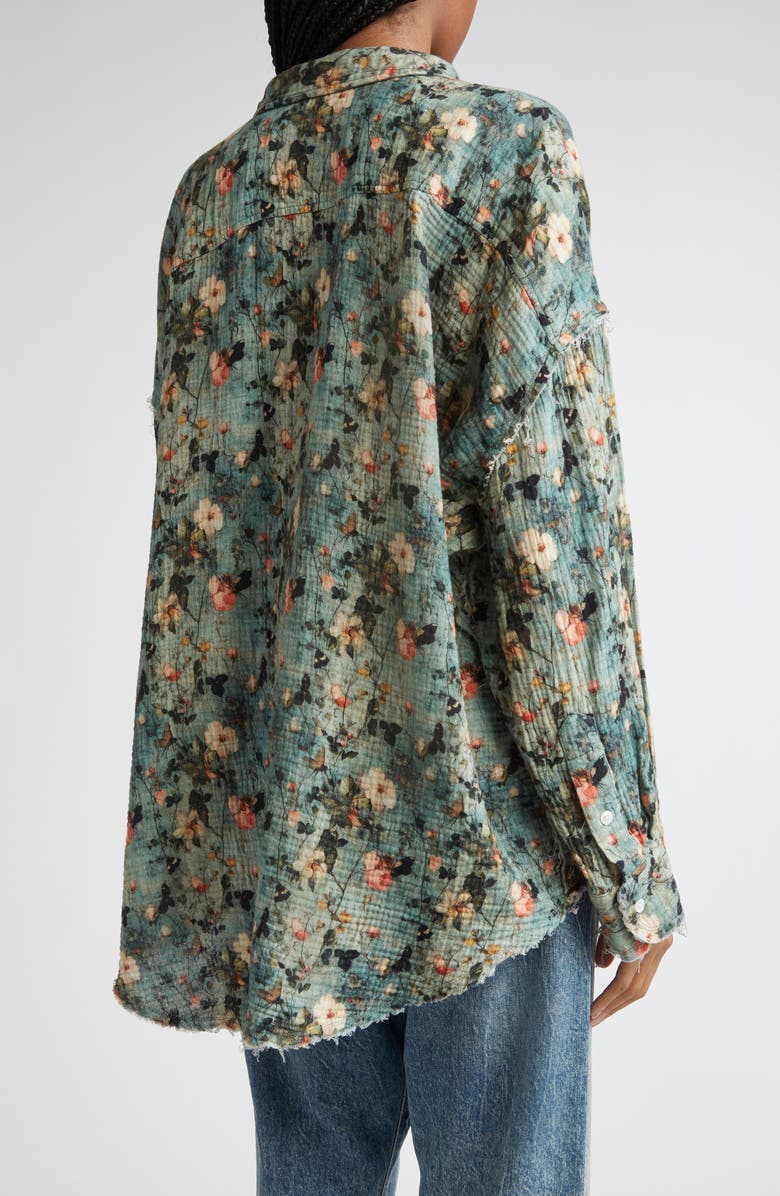R13 Shredded Seam Ruffle Button-Up Shirt, Alternate, color, Turquoise Floral