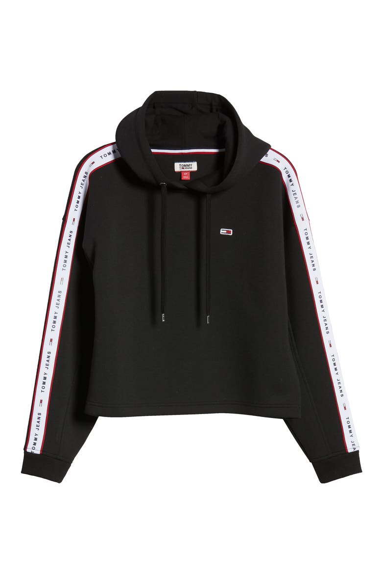 Logo Tape Crop Hoodie, Alternate, color, BLACK