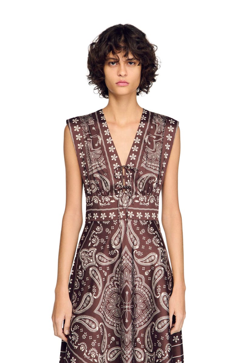 SANDRO Bandana-print maxi dress, Alternate, color, Taupe / White