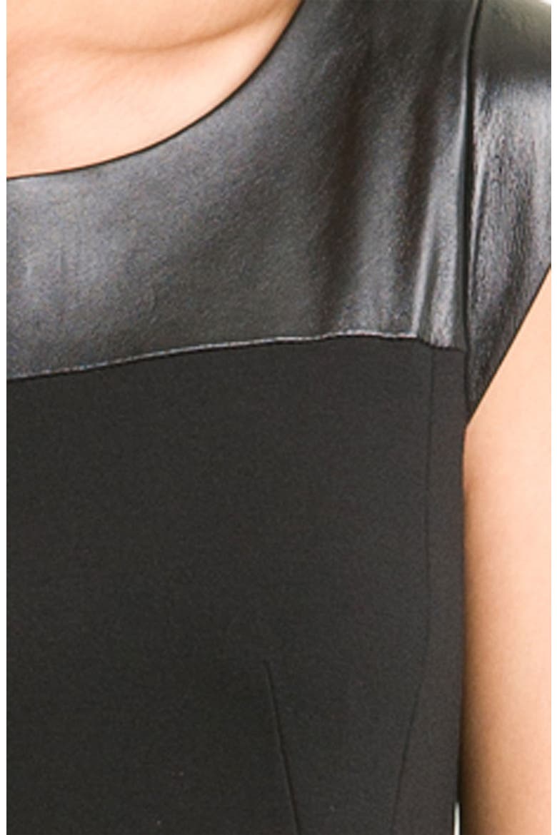 'Dylan' Leather Yoke Peplum Sheath Dress, Alternate, color, BLACK