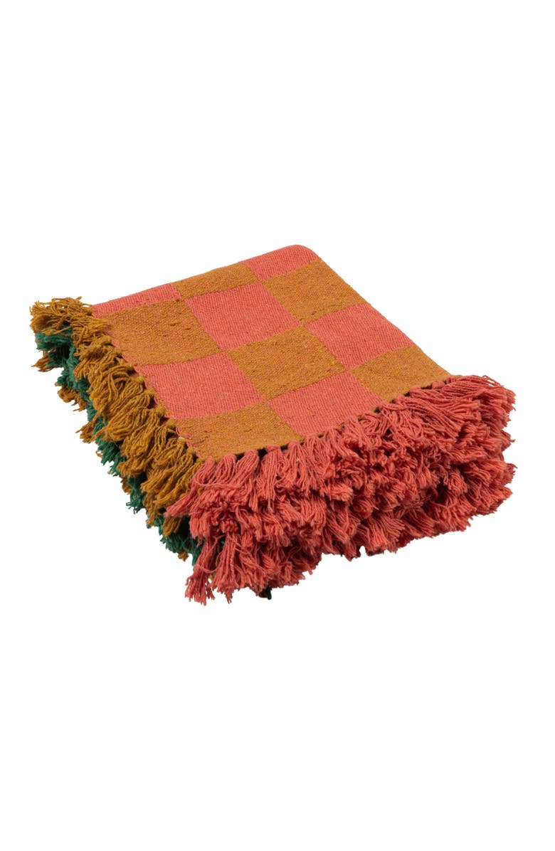 Storied Home Woven Cotton Blend Two-Tone Checked Throw with Fringe, Multicolor, Main, color, Orange