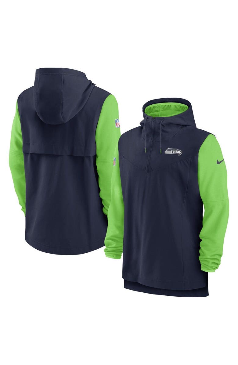 Nike Men's Nike College Navy/Neon Green Seattle Seahawks Sideline Player Quarter-Zip Hoodie Jacket, Main, color, 