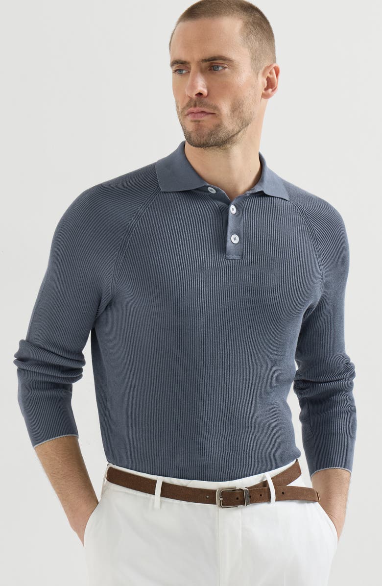 Brunello Cucinelli English Rib knit polo, Alternate, color, Lignite Grey