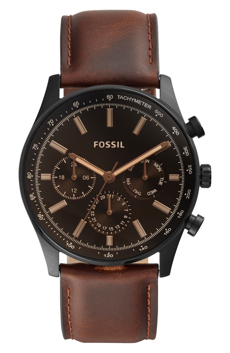 Fossil Sullivan Multi Function Leather Strap Watch, 44mm, Main, color, Black/Brown