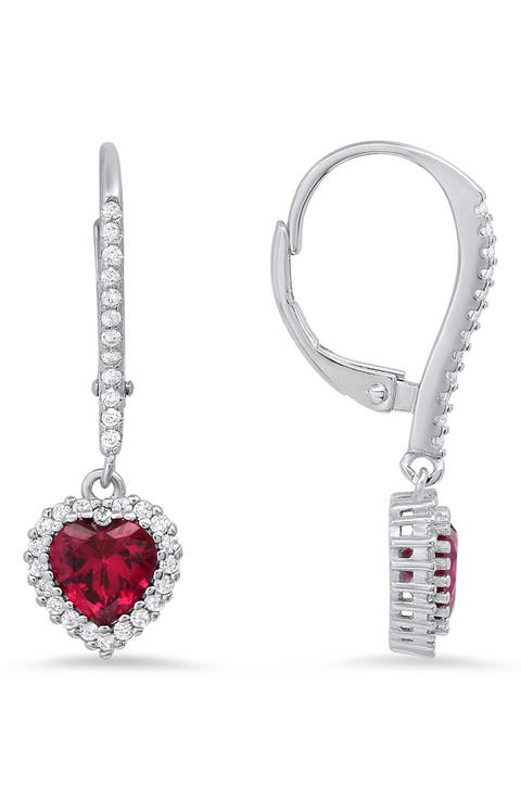 Sterling Silver Cubic Zirconia Halo Birthstone Heart Drop Earrings