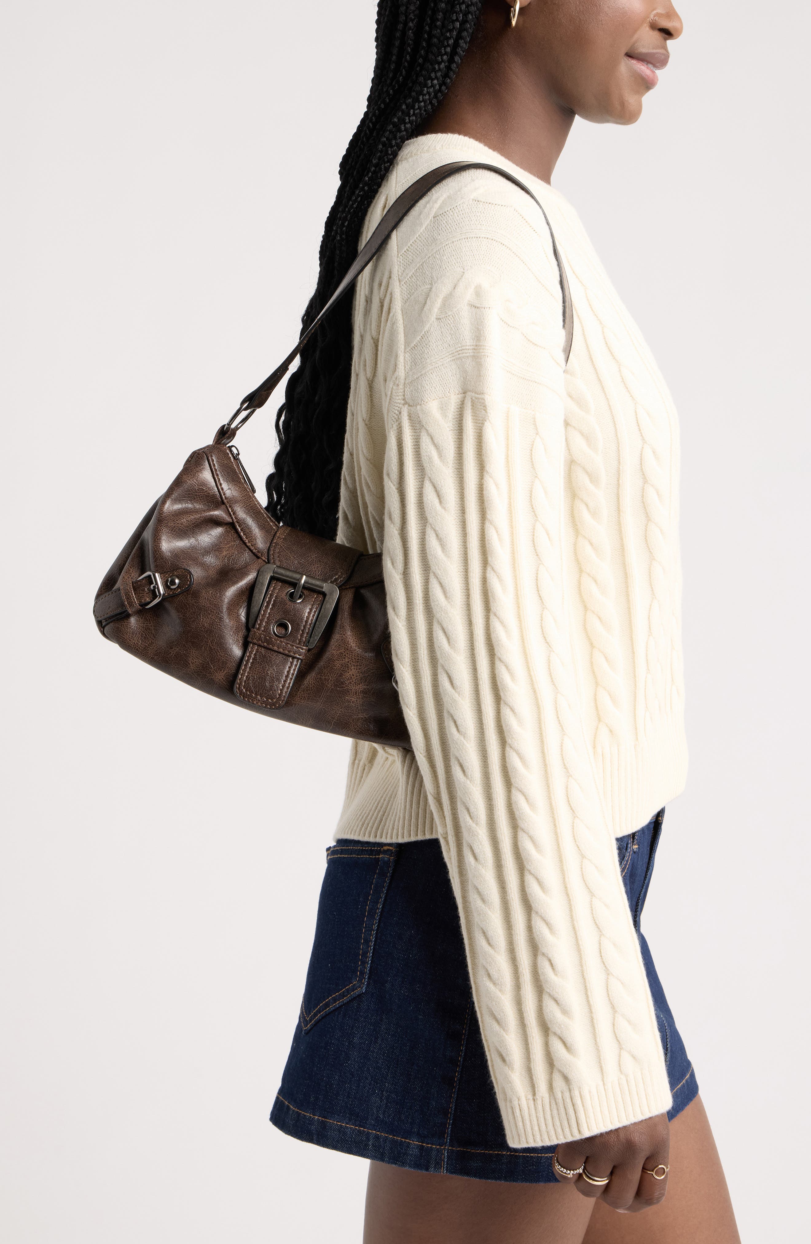 Faux Leather Buckle Mini Bag, Alternate, color, BROWN