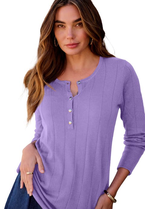 Plus Size Drop Needle Henley Lightweight Sweater Knit