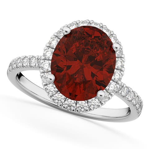 Oval Cut Halo Garnet & Diamond Engagement Ring 14K