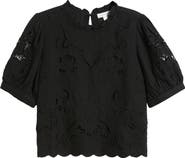 Treasure & Bond Embroidered Cutwork Puff Sleeve Linen Blend Top