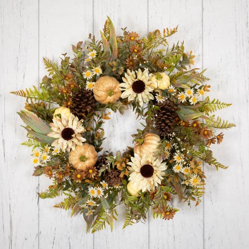Northlight Sunflowers And Pumpkins Artificial Fall Harvest Wreath In White