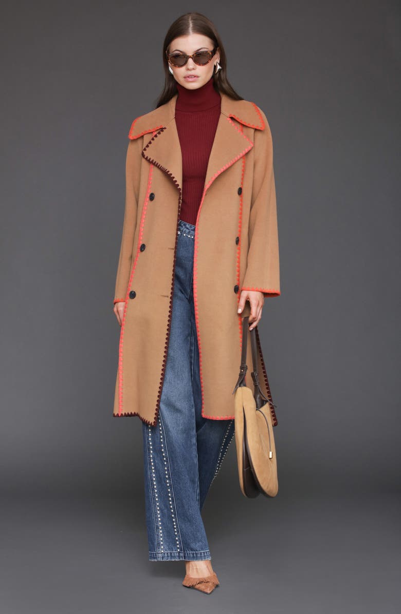 Avec Les Filles Whipstitch Trim Belted Double Face Coat, Alternate, color, Caramel