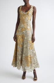 Oscar de la Renta Hibiscus Metallic Guipure Lace Midi Dress