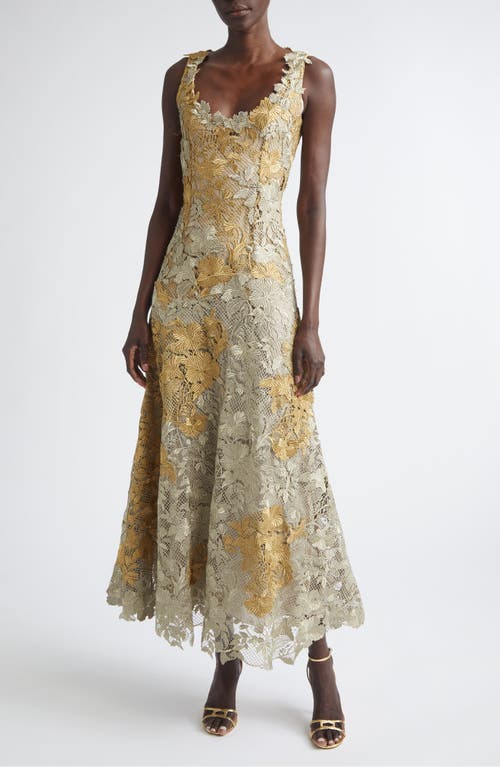 Oscar de la Renta Hibiscus Metallic Guipure Lace Midi Dress in Gold/white Gold at Nordstrom, Size 8