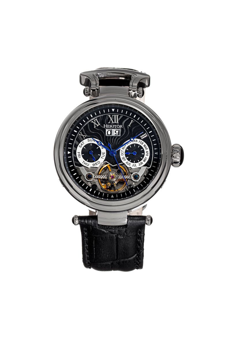 Heritor Automatic Ganzi Semi-Skeleton Leather-Band Watch, Main, color, Silver/Black