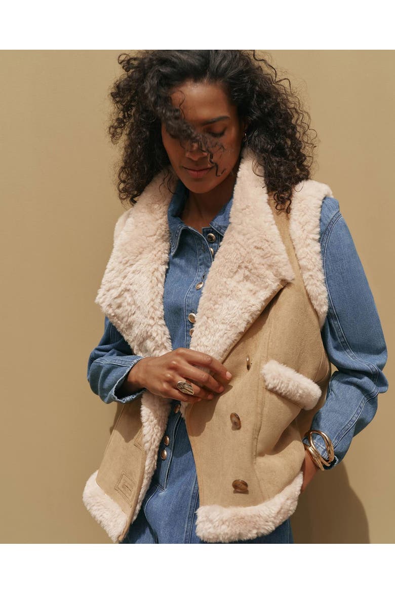 Suede Faux Fur Vest, Alternate, color, Camel