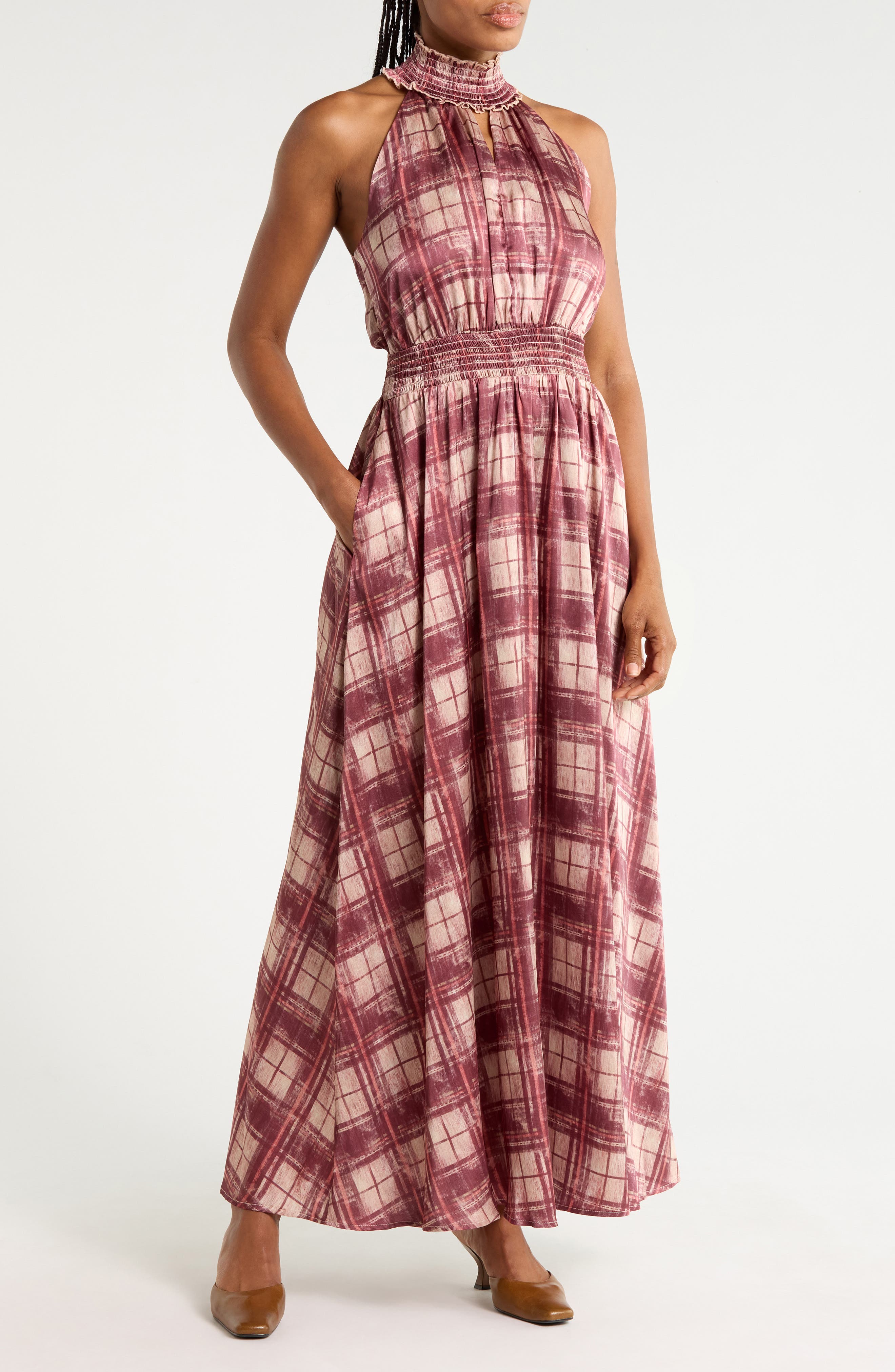 Plaid Halter Maxi Dress
