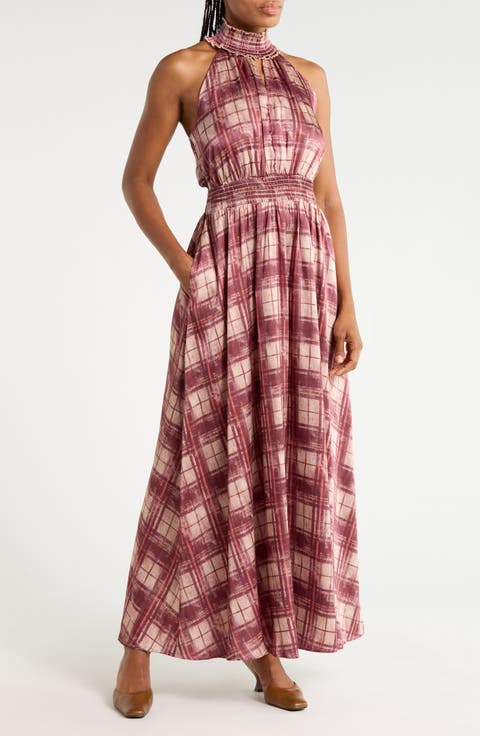 Plaid Halter Maxi Dress