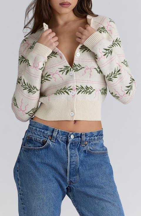 Winter Bow Jacquard Wool Blend Cardigan