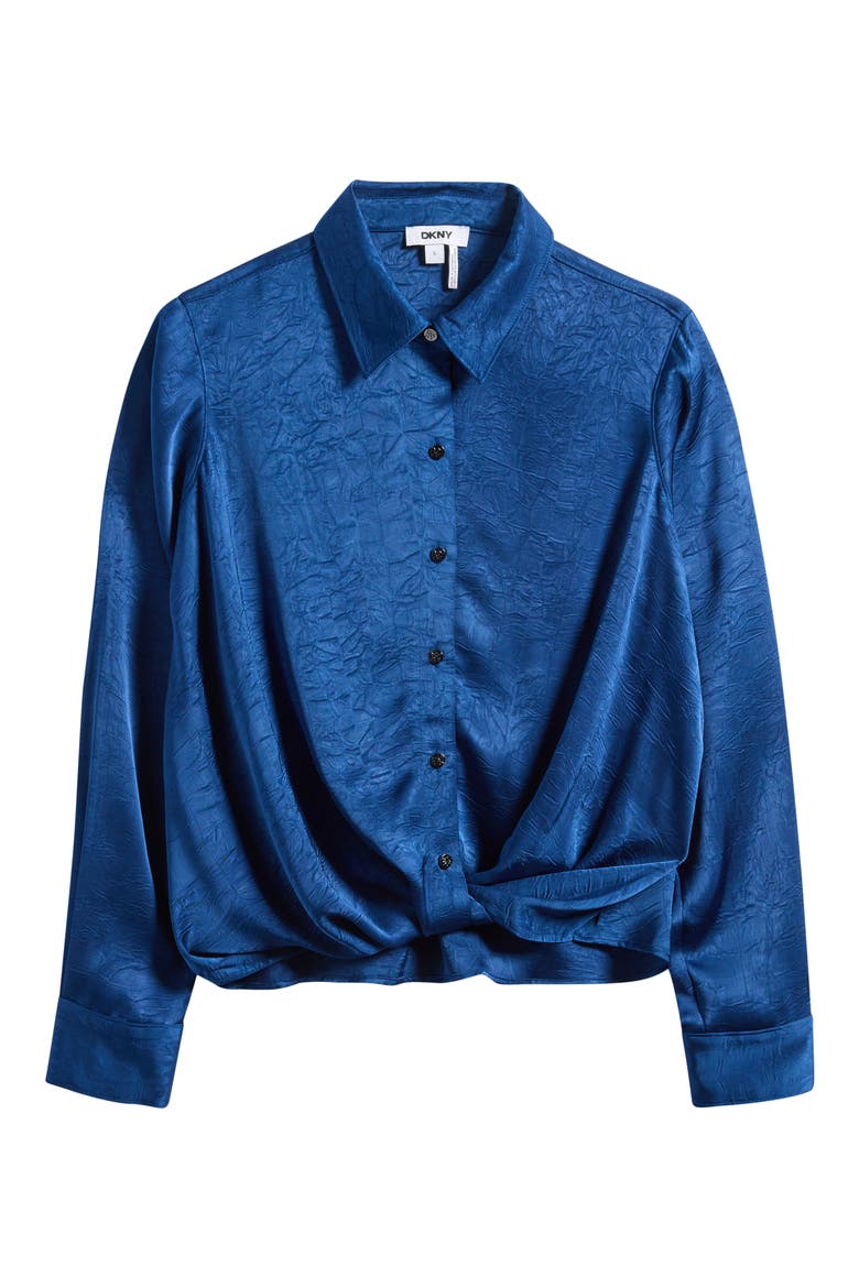 Twist Front Crinkle Satin Shirt, Alternate, color, CADET BLUE