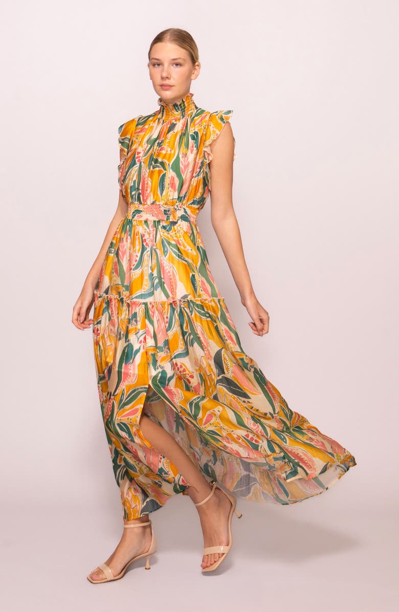 MELLODAY Floral Flutter Sleeve Maxi Dress, Alternate, color, Yellow Multi