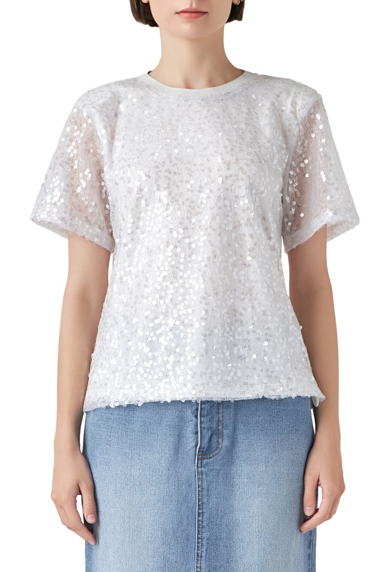 Sequin Padded Shoulder Back Cutout Top, Main, color, WHITE