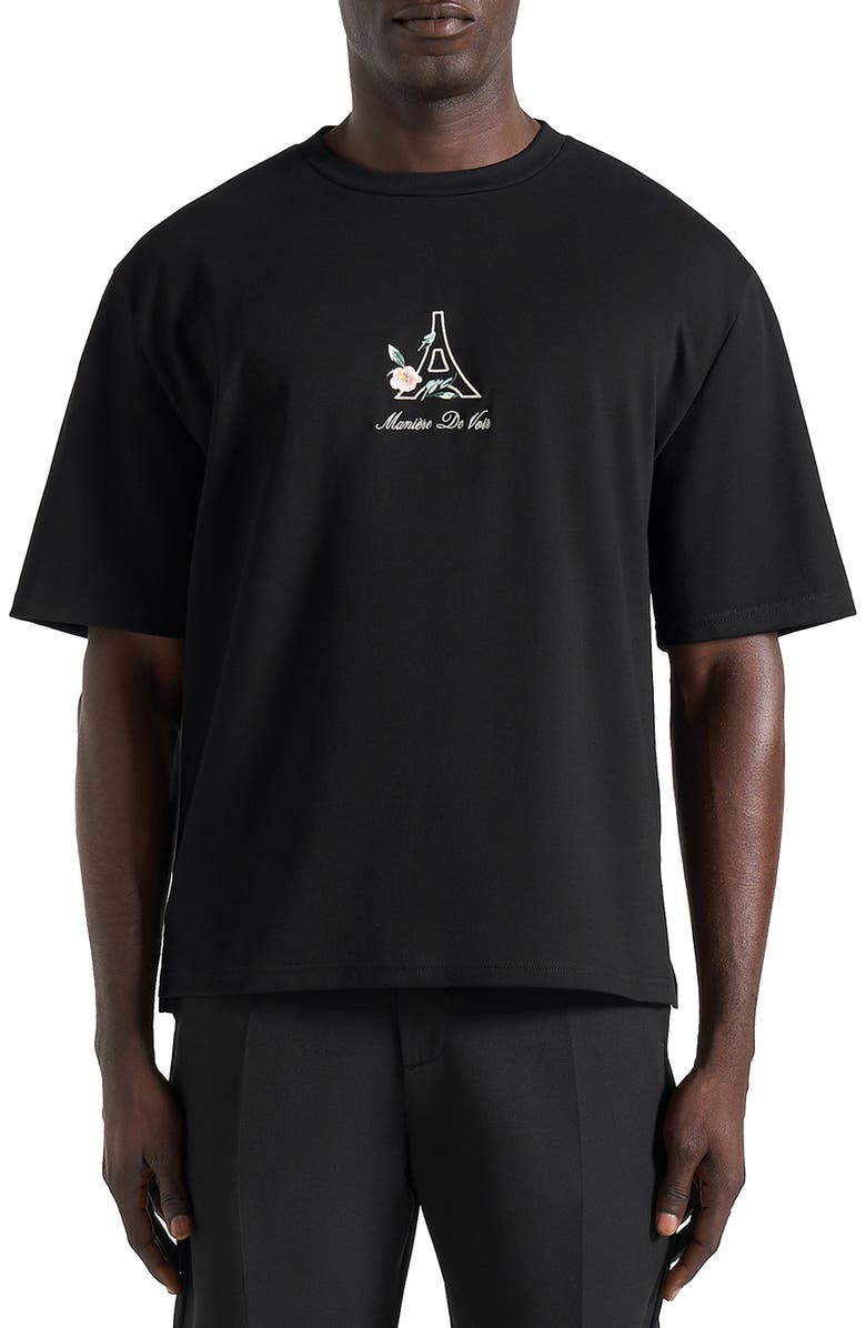 Manière De Voir TS008 Unisex Floral Eiffel Cotton T-Shirt, Alternate, color, Black