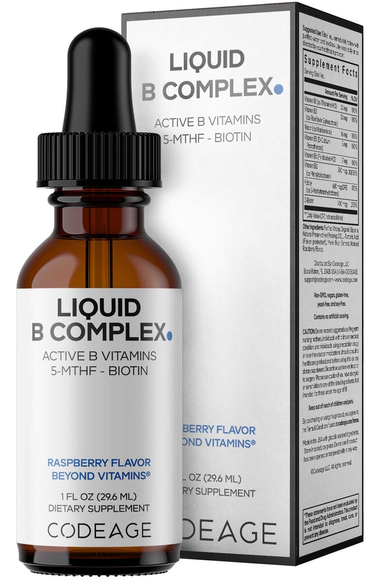 Codeage Liquid B-Complex, 8 B Vitamins B1–B12, Methylated Folate, Raspberry Flavor, Main, color, White