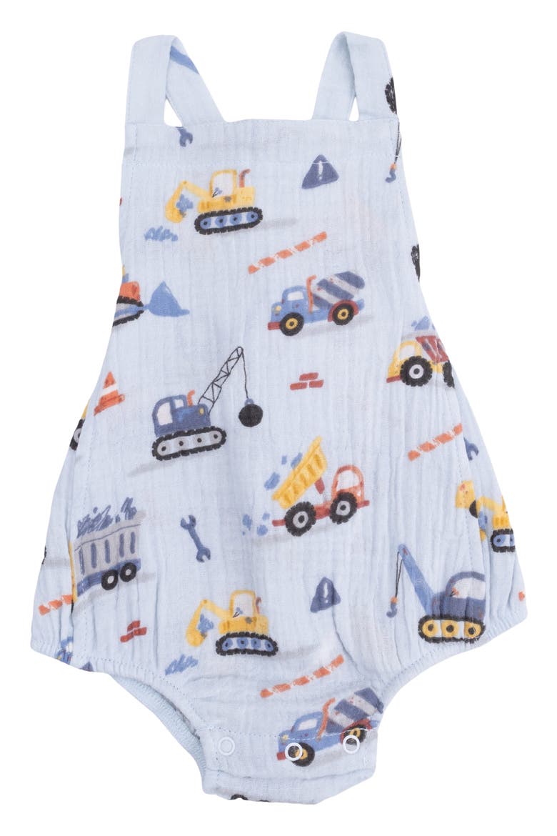 Crayon Construction Organic Cotton Romper, Main, color, BLUE