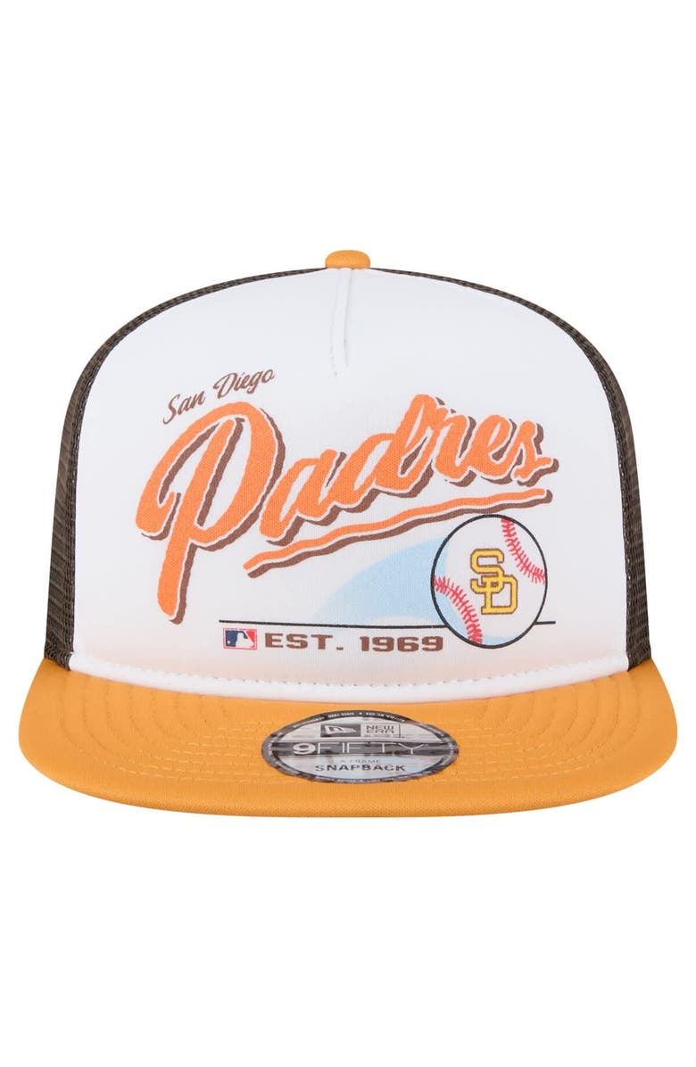 New Era Men's New Era White/Gold San Diego Padres Retro Script Trucker 9FIFTY Snapback Hat, Alternate, color, White