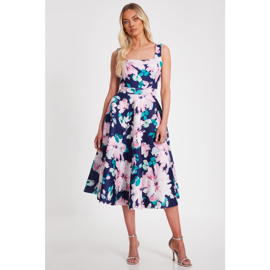 Quiz Floral Scuba Foam Square Neck Maxi Skater In Navy