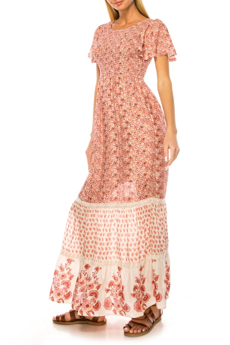 Floral Smocked Bodice Tiered Maxi Dress, Alternate, color, ROSE PINK