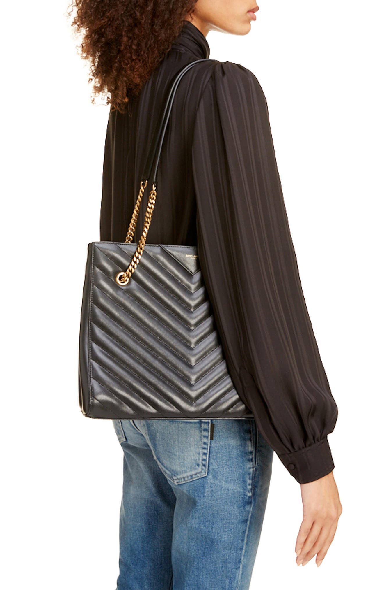 Saint Laurent Medium Tribeca Quilted Calfskin Leather Tote, Alternate, color, 