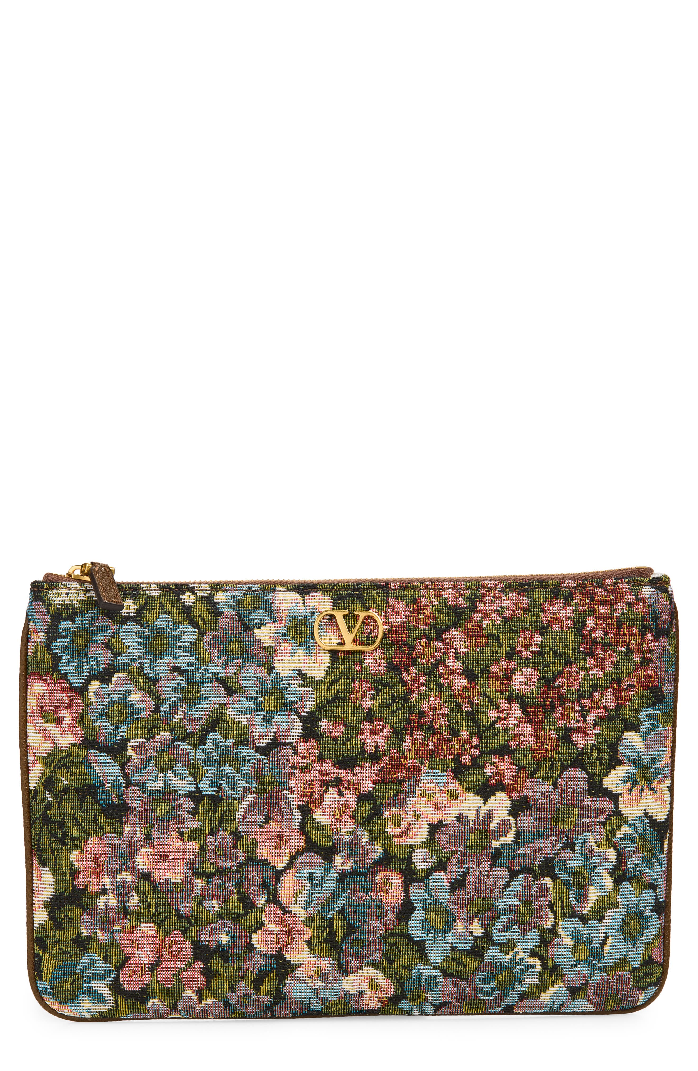Valentino Garavani Medium VLOGO Floral Jacquard Pouch, Main, color, Brown Multi