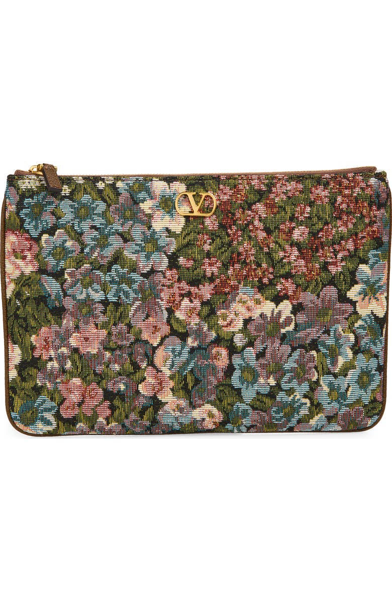 Valentino Garavani Medium VLOGO Floral Jacquard Pouch, Main, color, Brown Multi