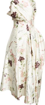 Erdem Floral Print Asymmetric Crushed Satin Cloud Dress