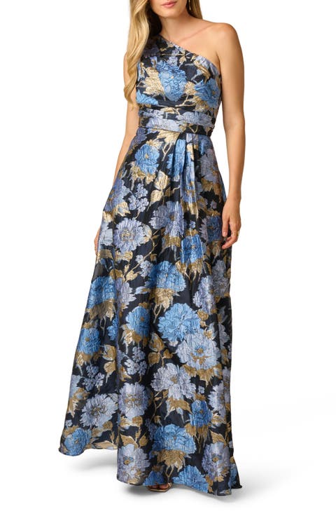 One-Shoulder Floral Jacquard Gown