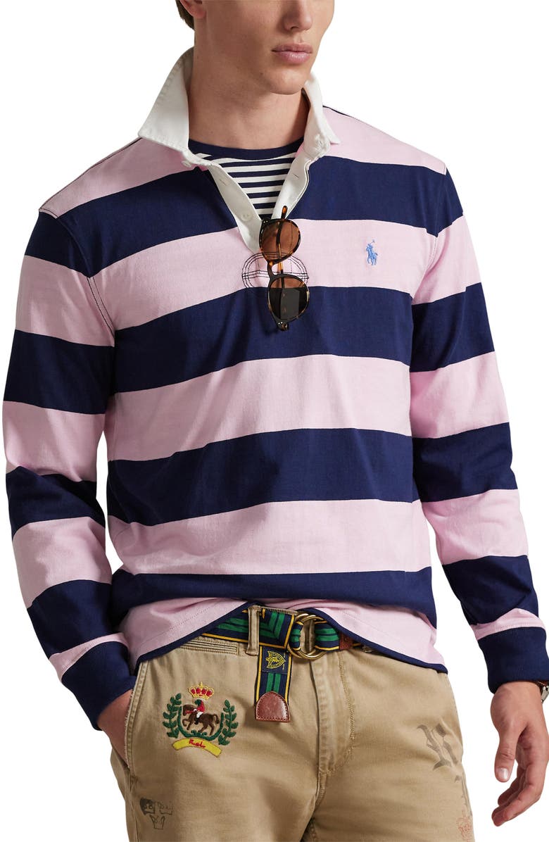 Polo Ralph Lauren The Iconic Rugby Shirt, Main, color, Carmel Pink/ Newport Navy
