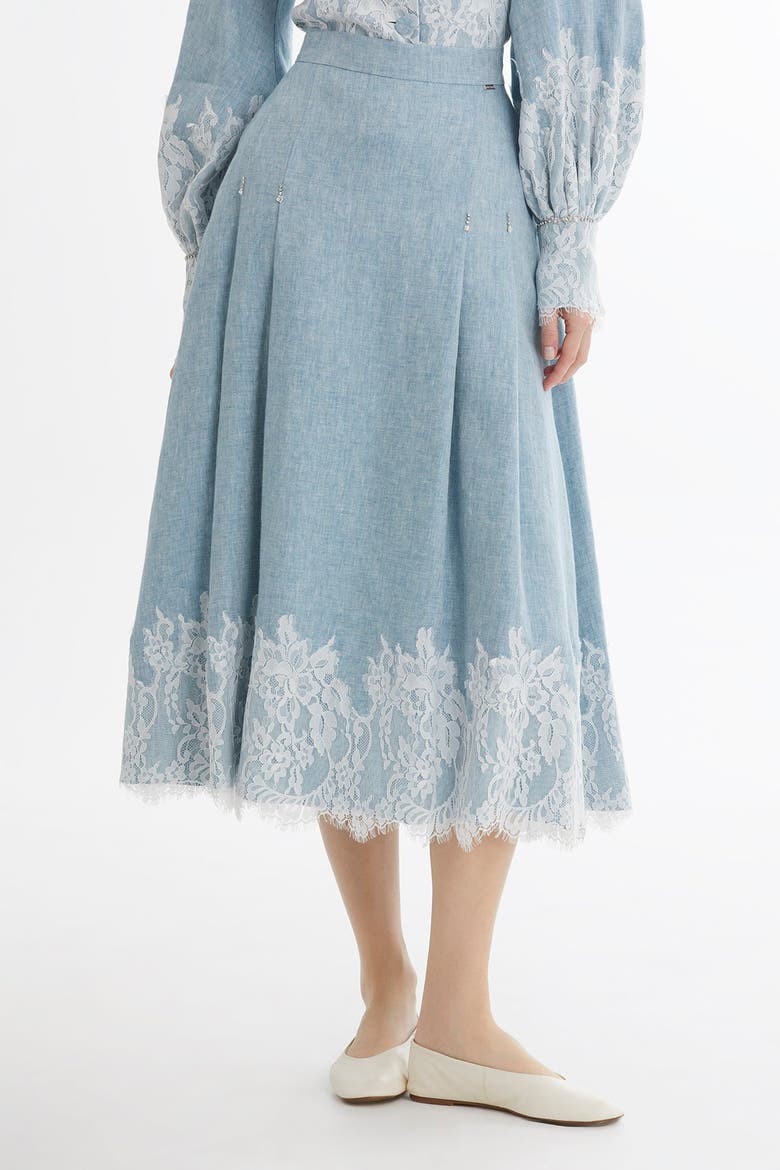 Blue Lace Trim Linen Midi Skirt, Alternate, color, Blue
