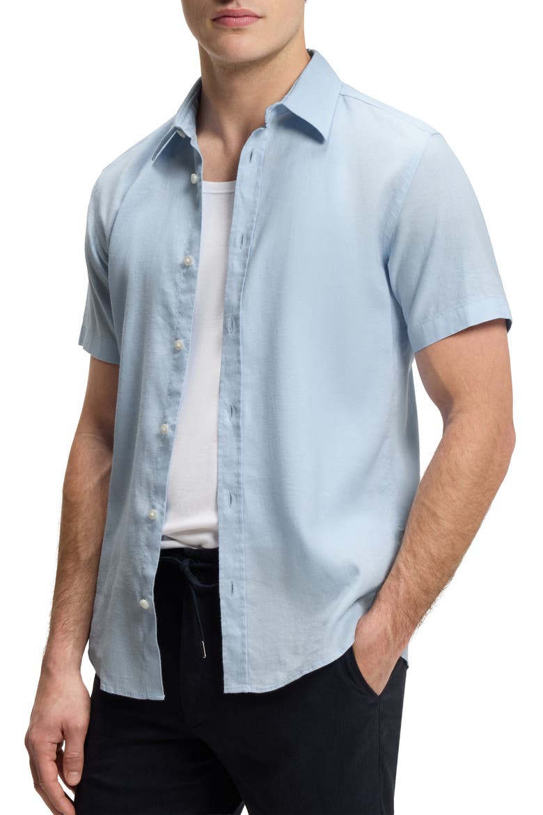 Short Sleeve Linen Blend Button Up Shirt, Alternate, color, LIGHT/ PASTEL BLUE