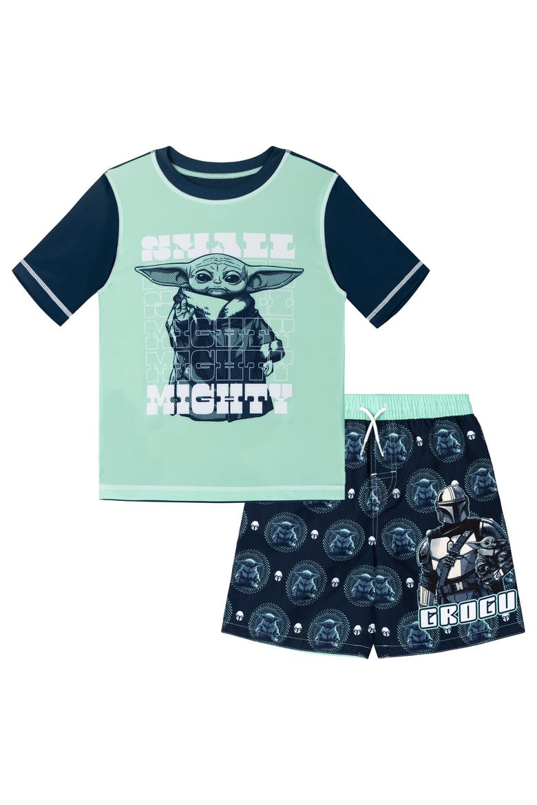 The Mandalorian Grogu 2-Piece Swimwear Rash Guard and Swim Trunks Set, Main, color, Mint Grogu Mandalorian