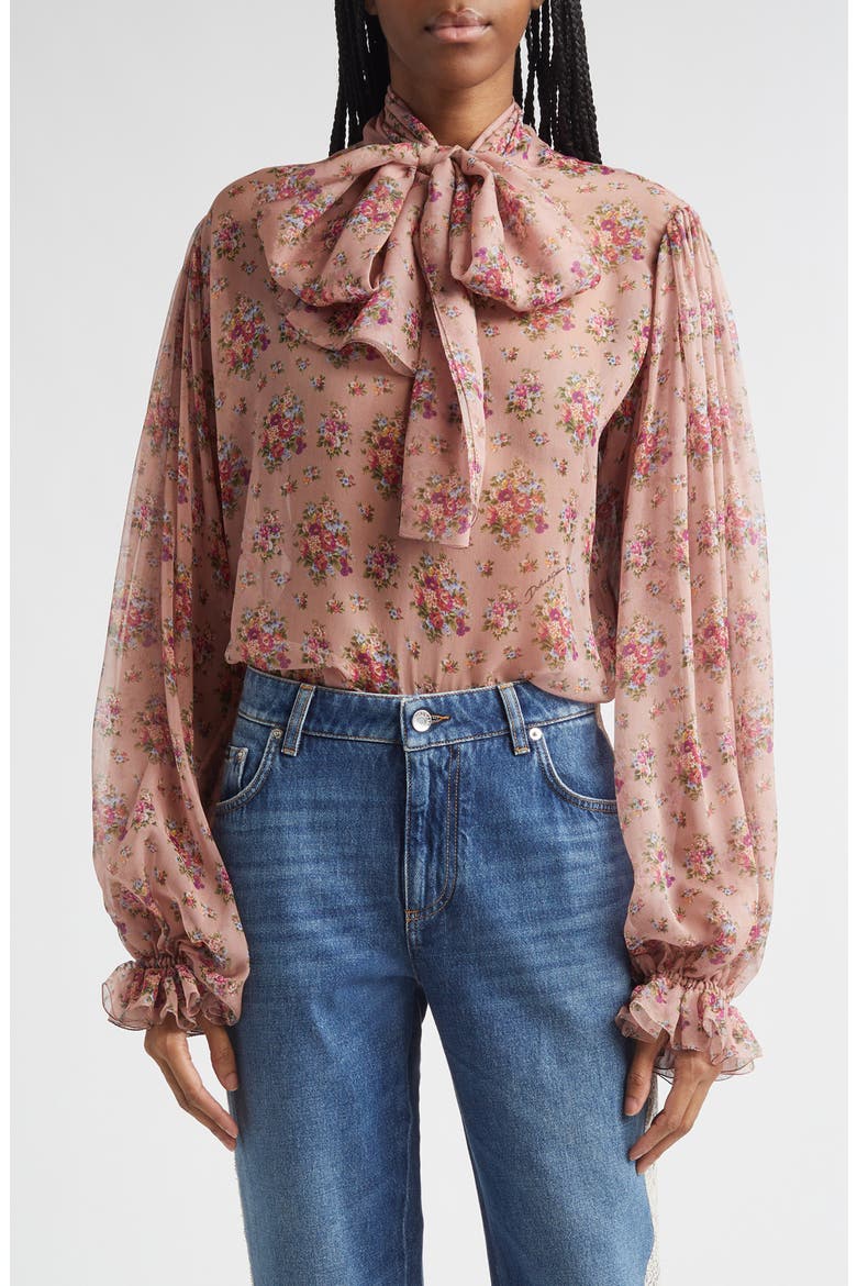 Floral Bouquets Silk Chiffon Tie Neck Shirt, Main, color, MAZZOLINI FIORI FROS