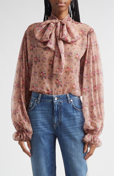 Floral Bouquets Silk Chiffon Tie Neck Shirt