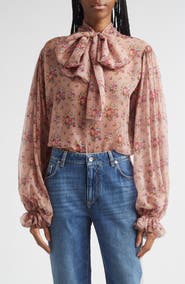 Dolce&Gabbana Floral Bouquets Silk Chiffon Tie Neck Shirt