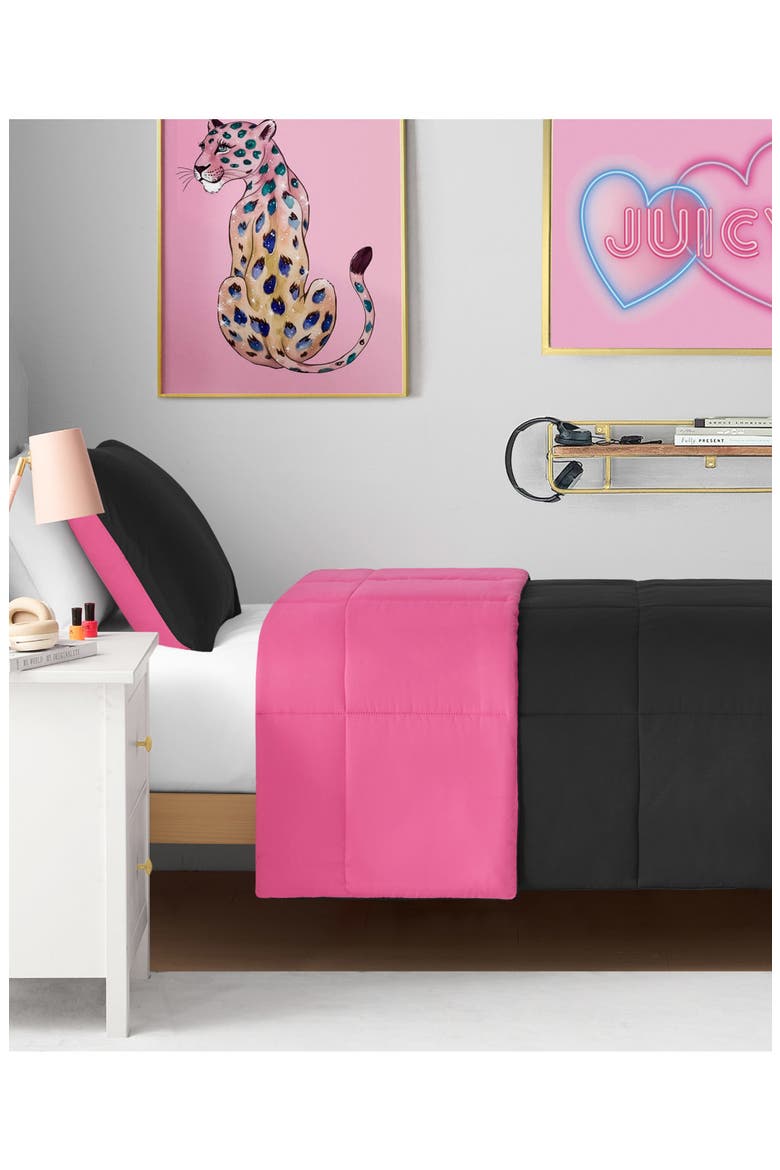 Reversible Box Stitch Comforter & Sham Set, Alternate, color, BLACK/ HOT PINK
