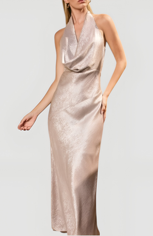 Modenaire Shimmer Cowl Neck Halter Gown With Open Back And Floor-length Skirt In Gold