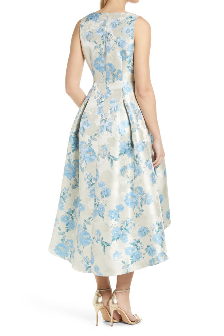 Metallic Floral Print High-Low Cocktail Dress, Alternate, color, BLUE