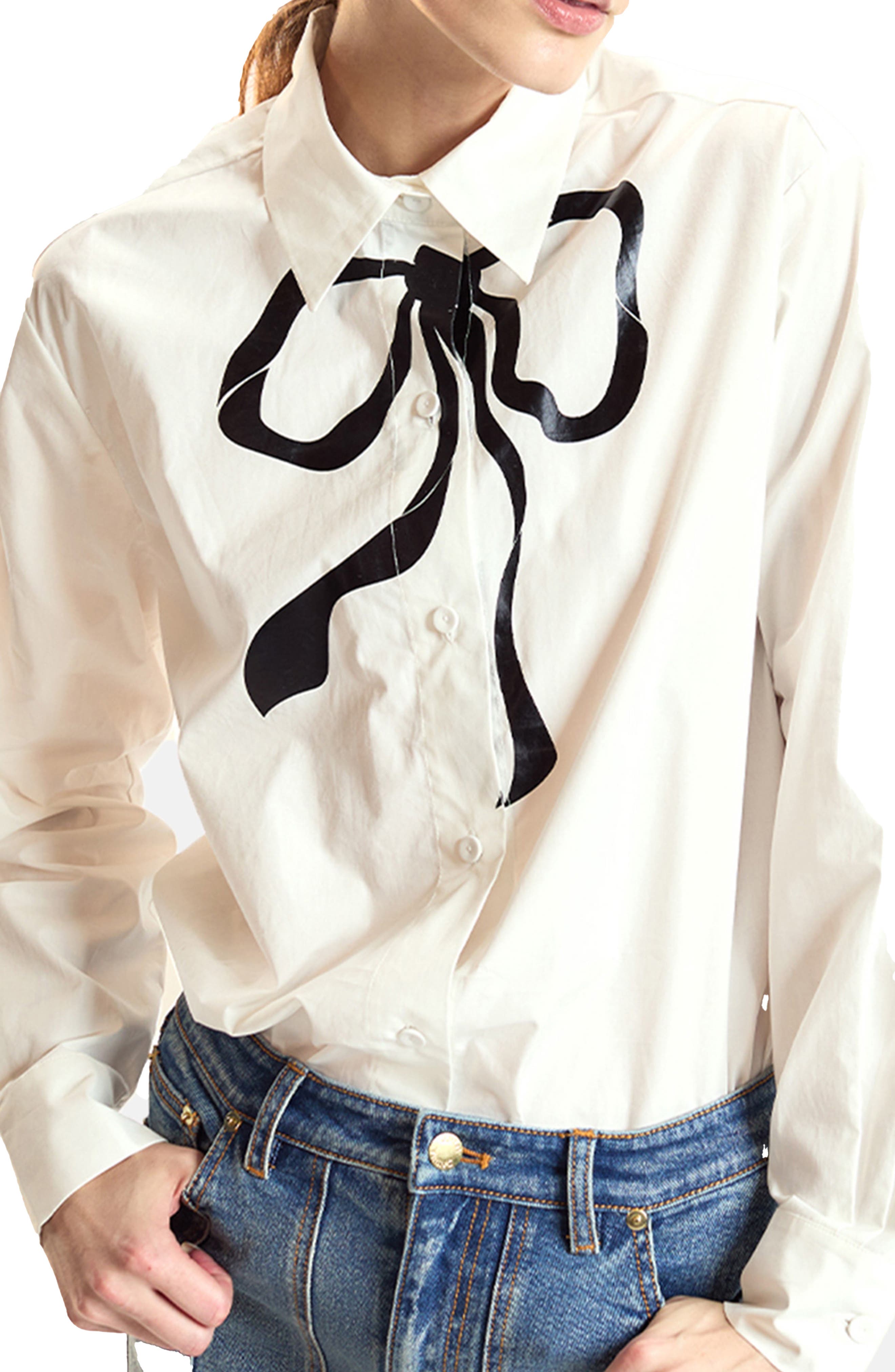 Cynthia Rowley Metallic Bow Cotton Shirt (Women) | Nordstrom