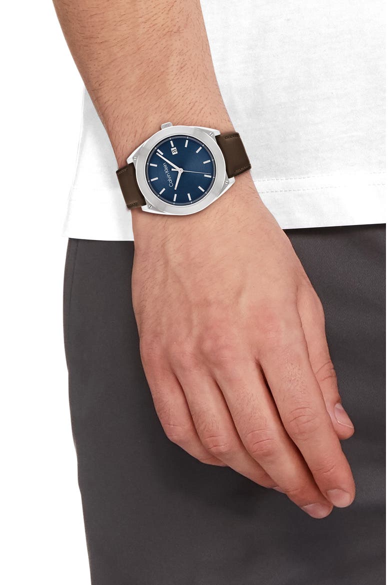 Progressive Leather Strap Watch, 44mm, Alternate, color, BLUE