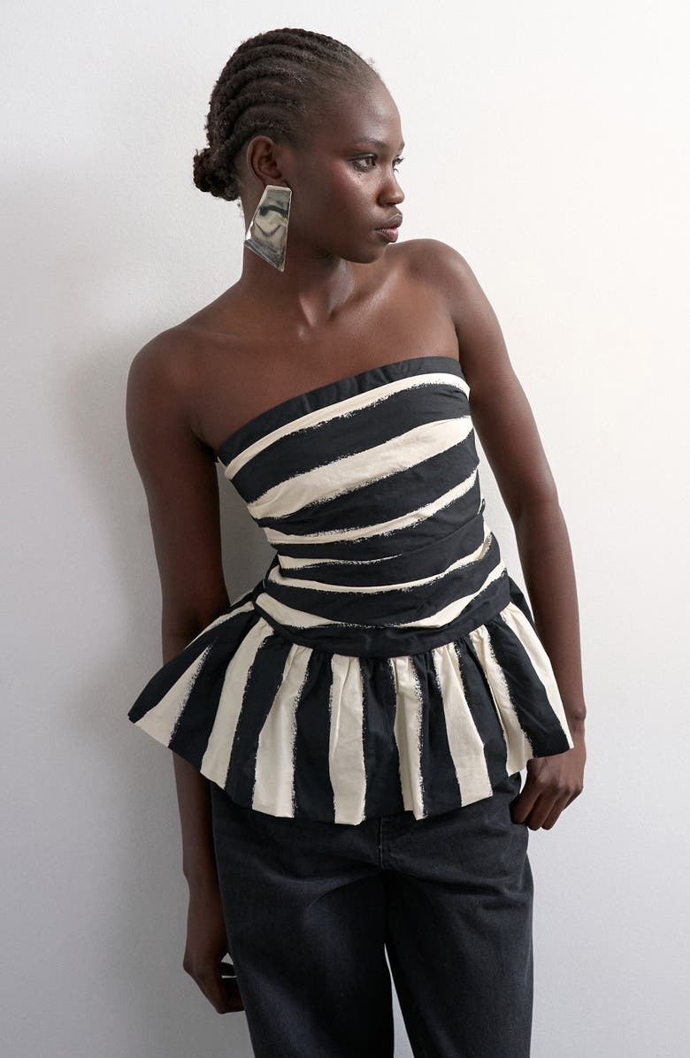 Topshop Gathered Strapless Peplum Top, Main, color, Black