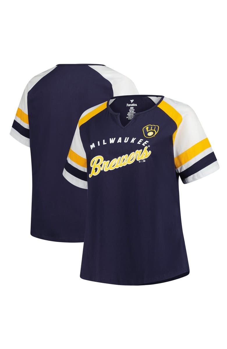 PROFILE Women's Profile  Navy Milwaukee Brewers Plus Sized Arched Notch Neck T-Shirt, Main, color, 